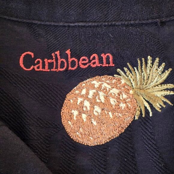 Caribbean Mens Palm Tropical Jacquard Silk Blend Button-up Shirt Black Large - Picture 3 of 13